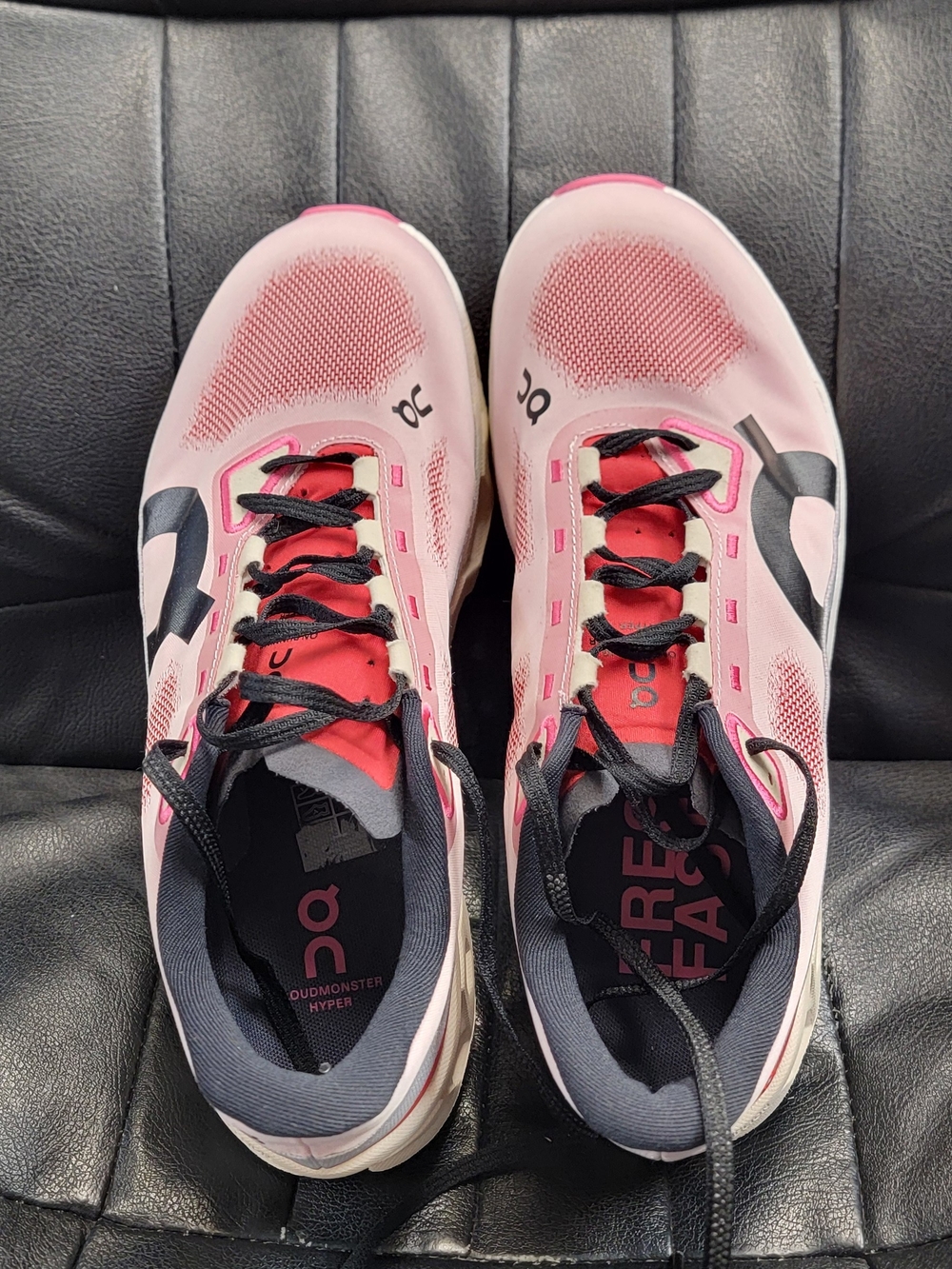 On Women’s Pink and Black Cloudmonster Hyper Running Shoes